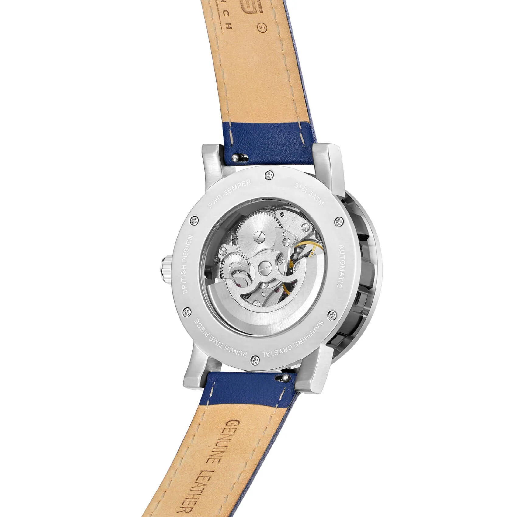 PUNCH Mens Watch, Black & Silver Skeleton Automatic Watch - Blue Leather Strap
