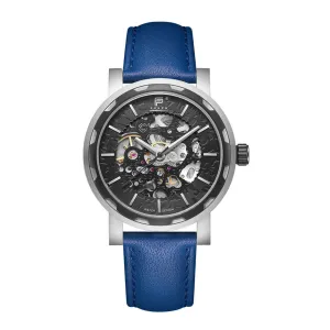 PUNCH Mens Watch, Black & Silver Skeleton Automatic Watch - Blue Leather Strap