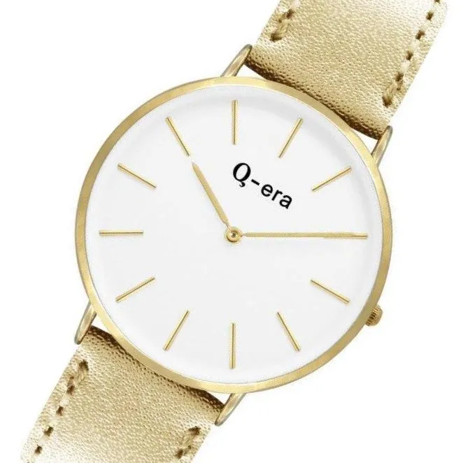 Q-era Metallic Gold Leather Women's Watch - QV2804-8