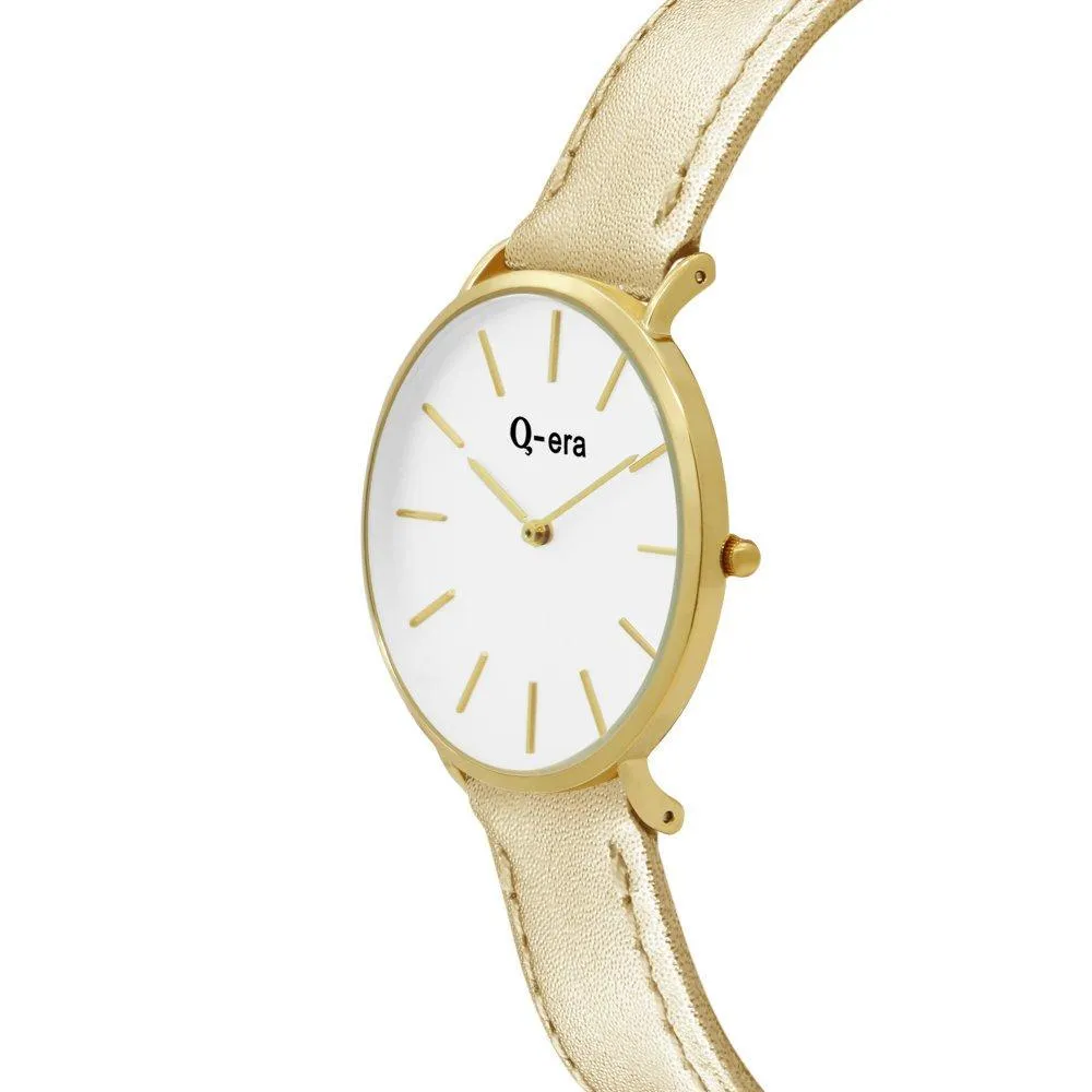 Q-era Metallic Gold Leather Women's Watch - QV2804-8