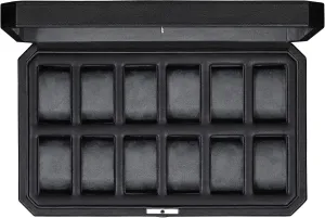 ROTHWELL 12 Slot Leather Watch Box for Men - Luxury Case Display Jewelry Organizer with Microsuede Liner - Travel Jewelry Case for Mens Accessories, Travel Organizer (Black & Grey)