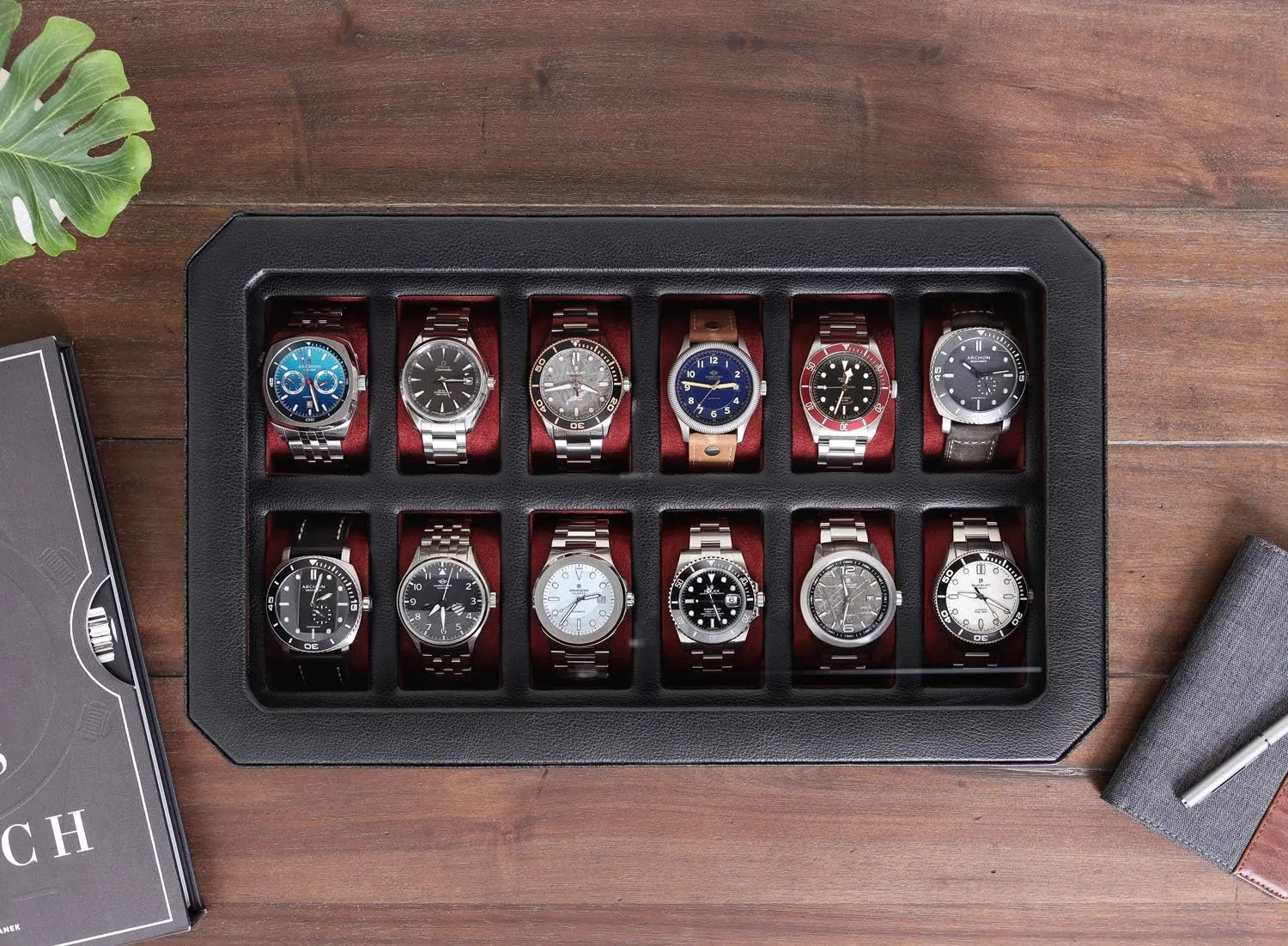 ROTHWELL 12 Slot Leather Watch Box for Men - Luxury Case Display Jewelry Organizer with Microsuede Liner - Travel Jewelry Case for Mens Accessories, Travel Organizer (Black & Red)