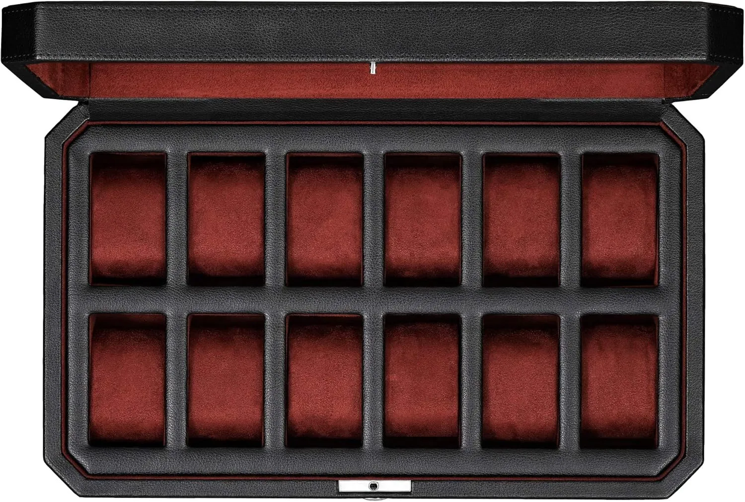 ROTHWELL 12 Slot Leather Watch Box for Men - Luxury Case Display Jewelry Organizer with Microsuede Liner - Travel Jewelry Case for Mens Accessories, Travel Organizer (Black & Red)