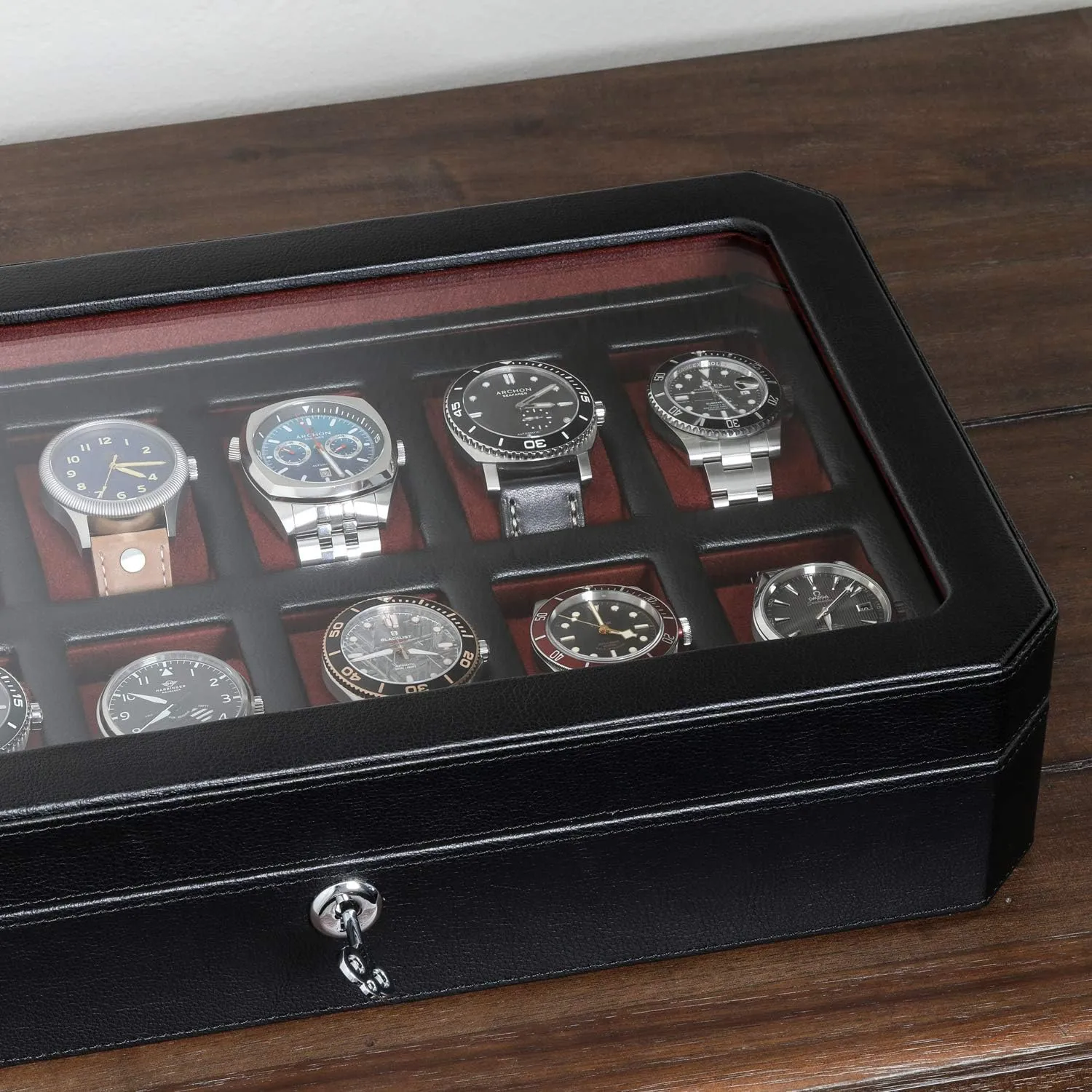 ROTHWELL 12 Slot Leather Watch Box for Men - Luxury Case Display Jewelry Organizer with Microsuede Liner - Travel Jewelry Case for Mens Accessories, Travel Organizer (Black & Red)