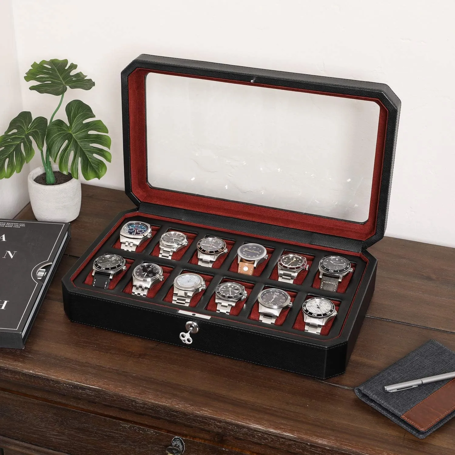 ROTHWELL 12 Slot Leather Watch Box for Men - Luxury Case Display Jewelry Organizer with Microsuede Liner - Travel Jewelry Case for Mens Accessories, Travel Organizer (Black & Red)