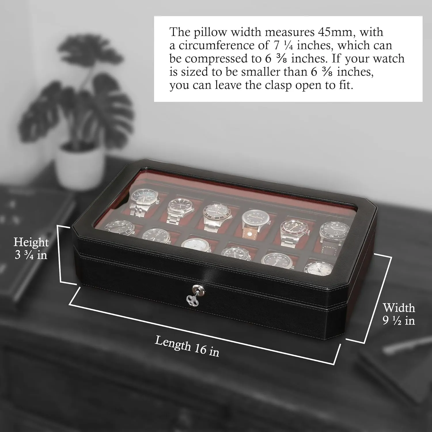 ROTHWELL 12 Slot Leather Watch Box for Men - Luxury Case Display Jewelry Organizer with Microsuede Liner - Travel Jewelry Case for Mens Accessories, Travel Organizer (Black & Red)
