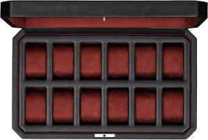 ROTHWELL 12 Slot Leather Watch Box for Men - Luxury Case Display Jewelry Organizer with Microsuede Liner - Travel Jewelry Case for Mens Accessories, Travel Organizer (Black & Red)
