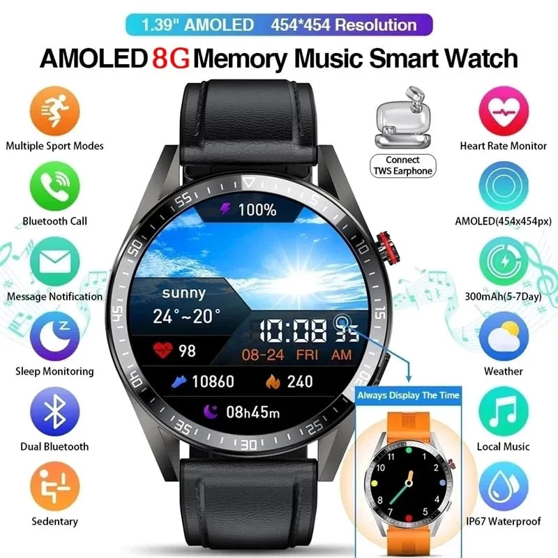 SACOSDING New Smart Watch Mens 8G Memory Local Music Player 454*454 AMOLED Screen Bluetooth Call Sport Man Smartwatch For Huawei