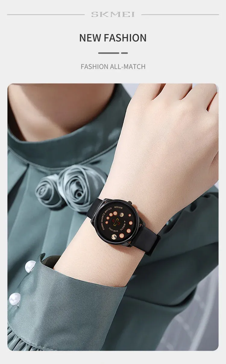 SKMEI Women's Fashion Watch - Elegant Leather Strap, Analog-Digital Display