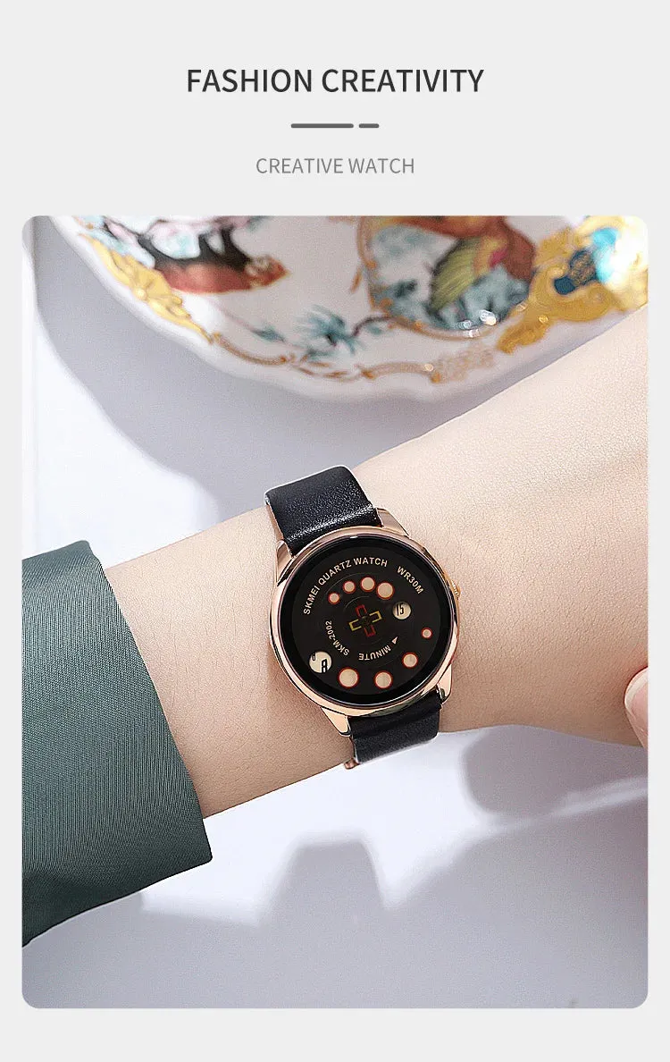SKMEI Women's Fashion Watch - Elegant Leather Strap, Analog-Digital Display