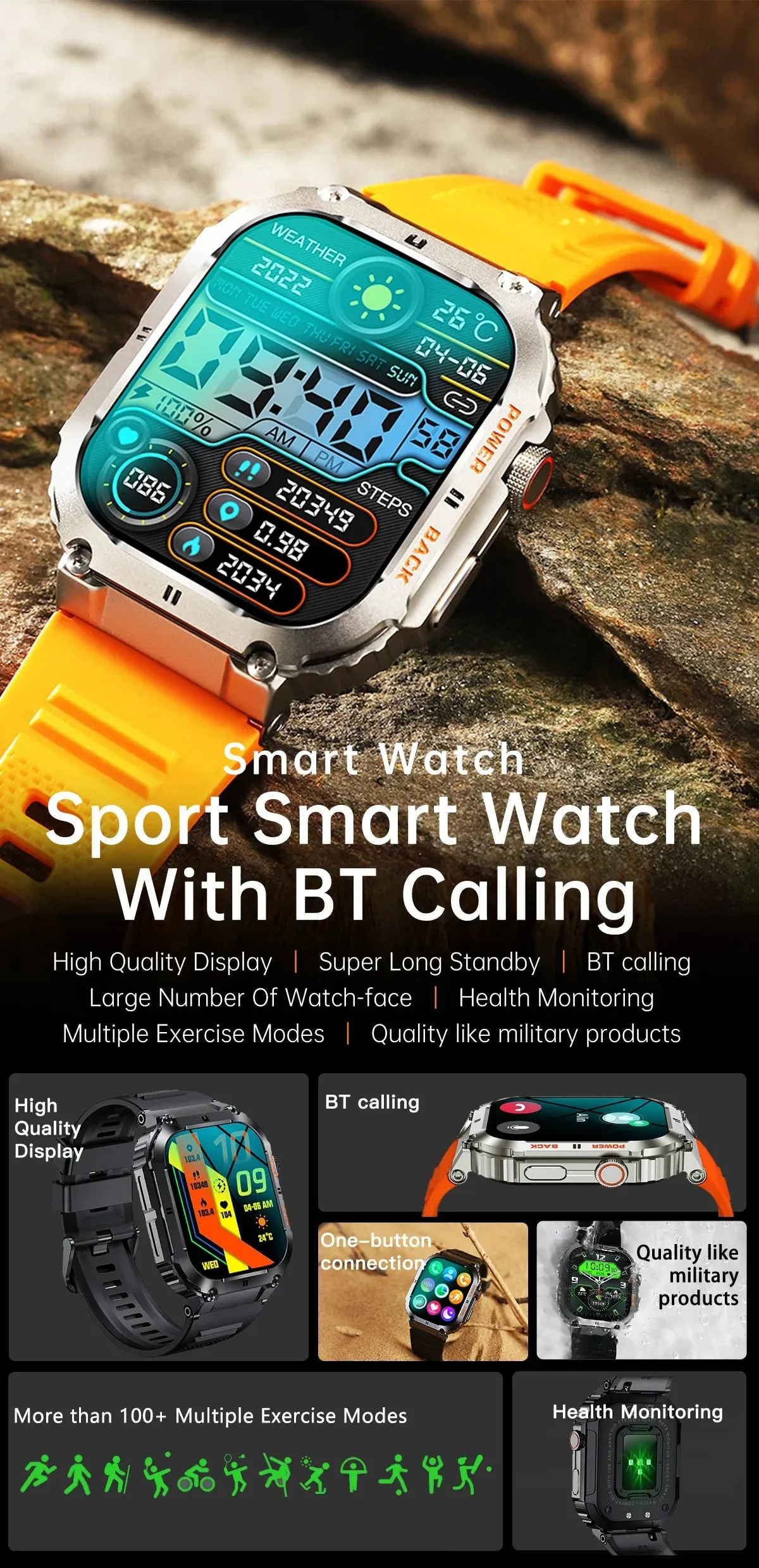 Smart Watch – IP53 Waterproof, Wireless Calling, Music, Blood Pressure/Oxygen Monitoring, Sleep Tracking, Multiple Sports Modes