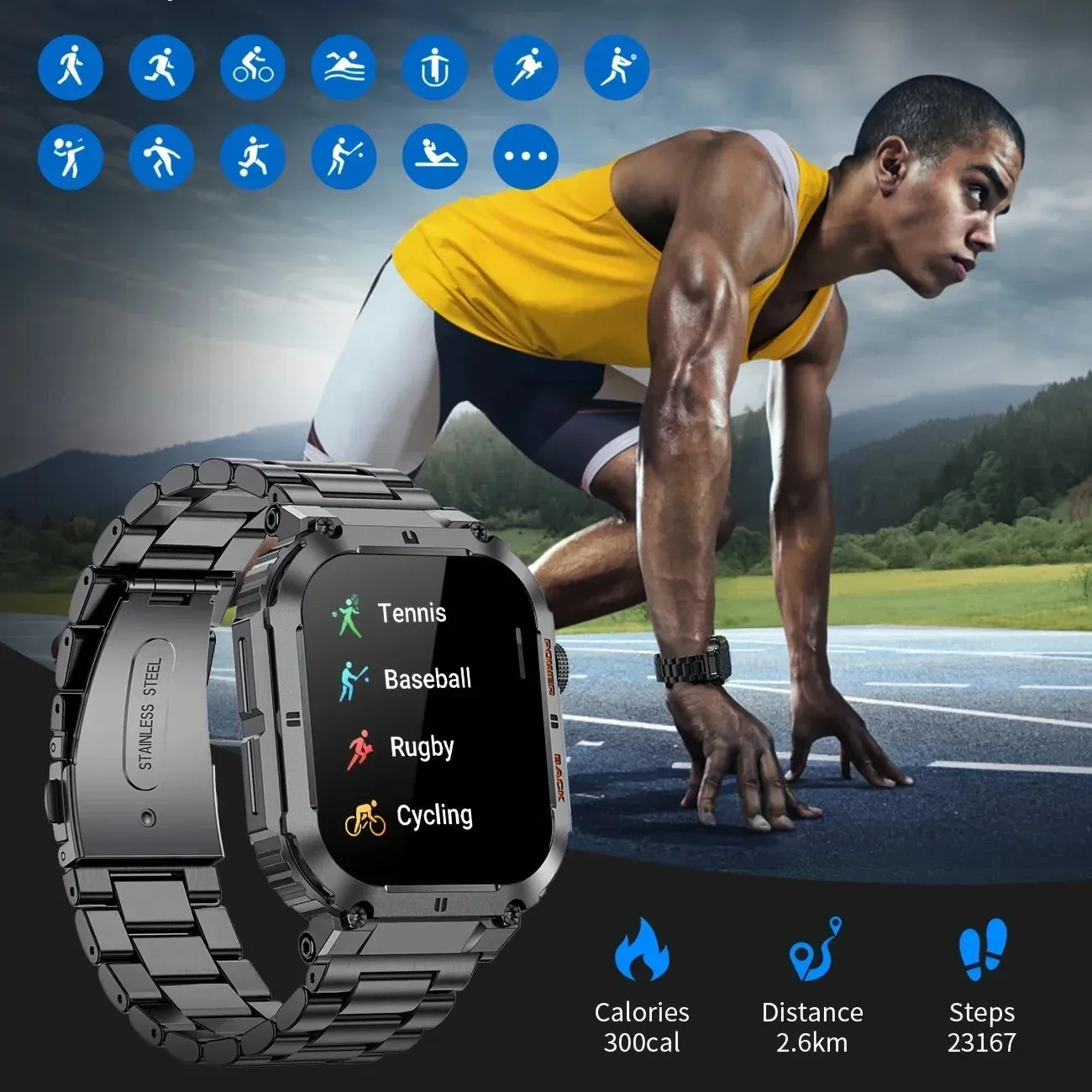 Smart Watch – IP53 Waterproof, Wireless Calling, Music, Blood Pressure/Oxygen Monitoring, Sleep Tracking, Multiple Sports Modes