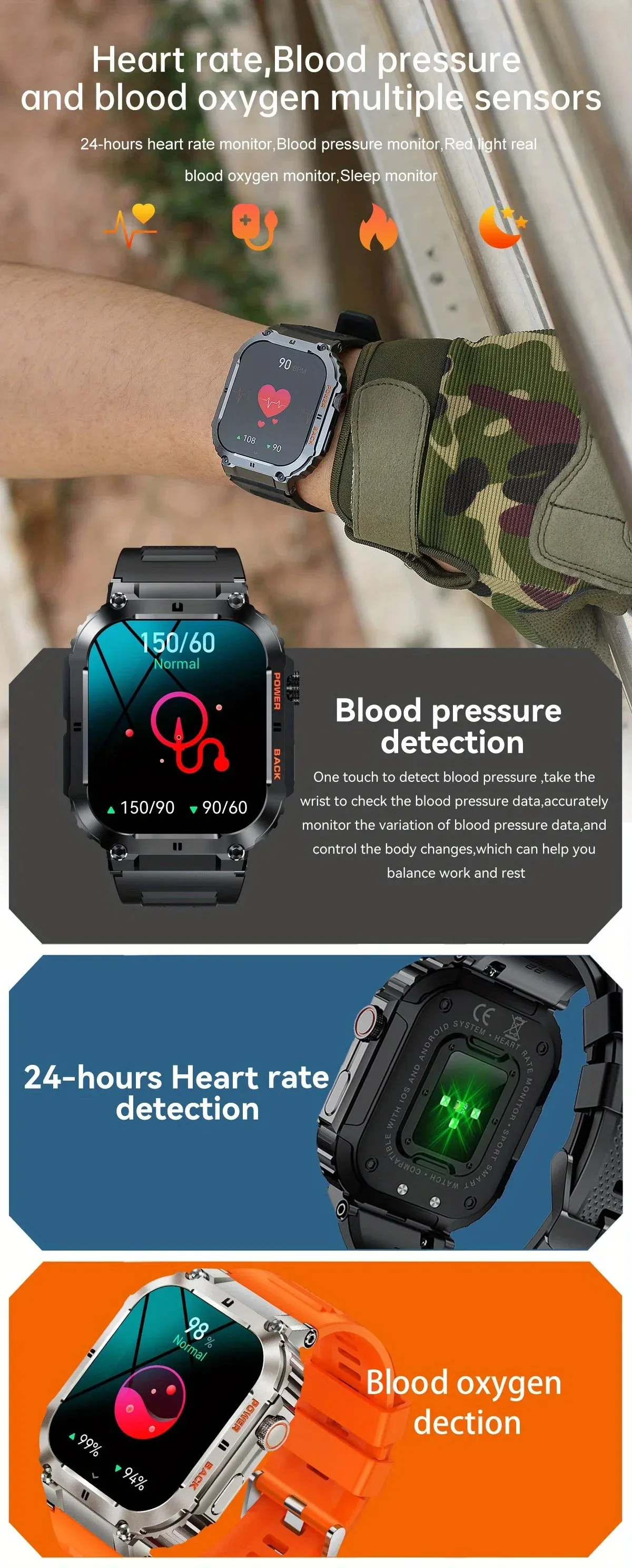 Smart Watch – IP53 Waterproof, Wireless Calling, Music, Blood Pressure/Oxygen Monitoring, Sleep Tracking, Multiple Sports Modes
