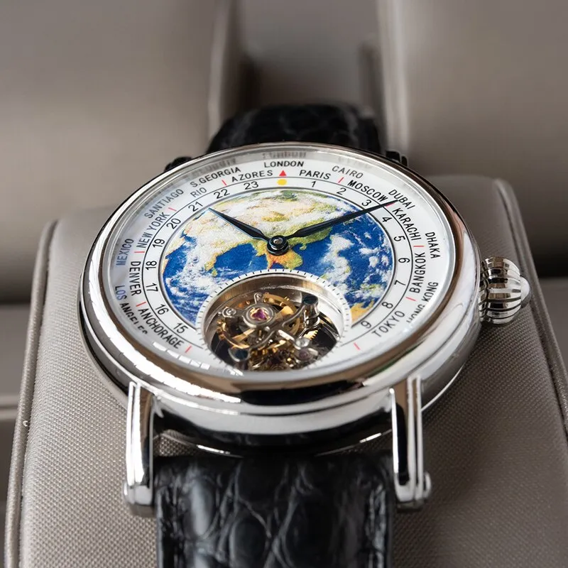Sugess Earth Art Enamel Dial Seagull ST8000 HandWind Movement Genuine Tourbillon Watch Luxury Business Mens Wristwatch Sapphire