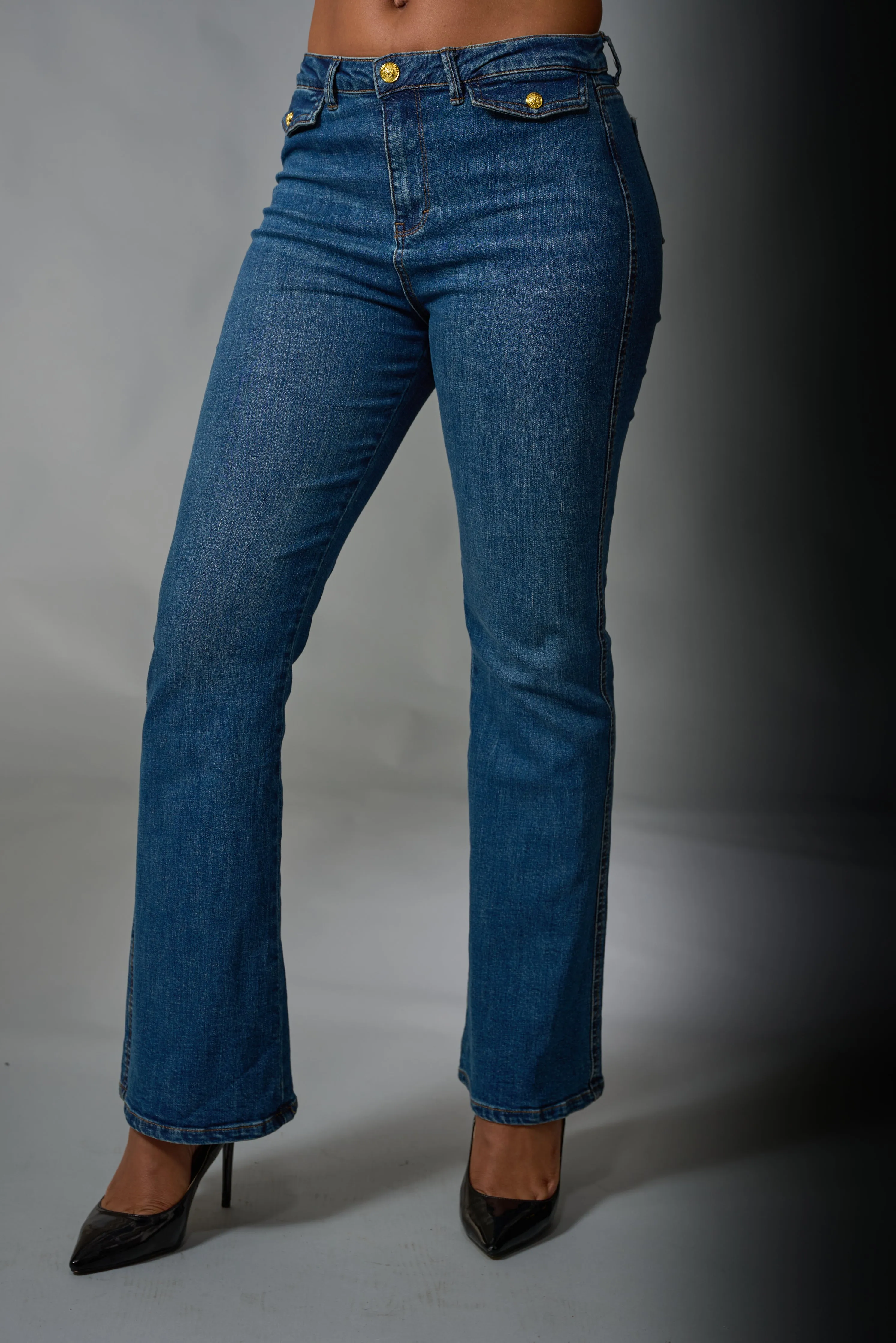 Tractr, Denim, High Rise Button Pocket Slim Bootcut Jeans in medium indigo wash