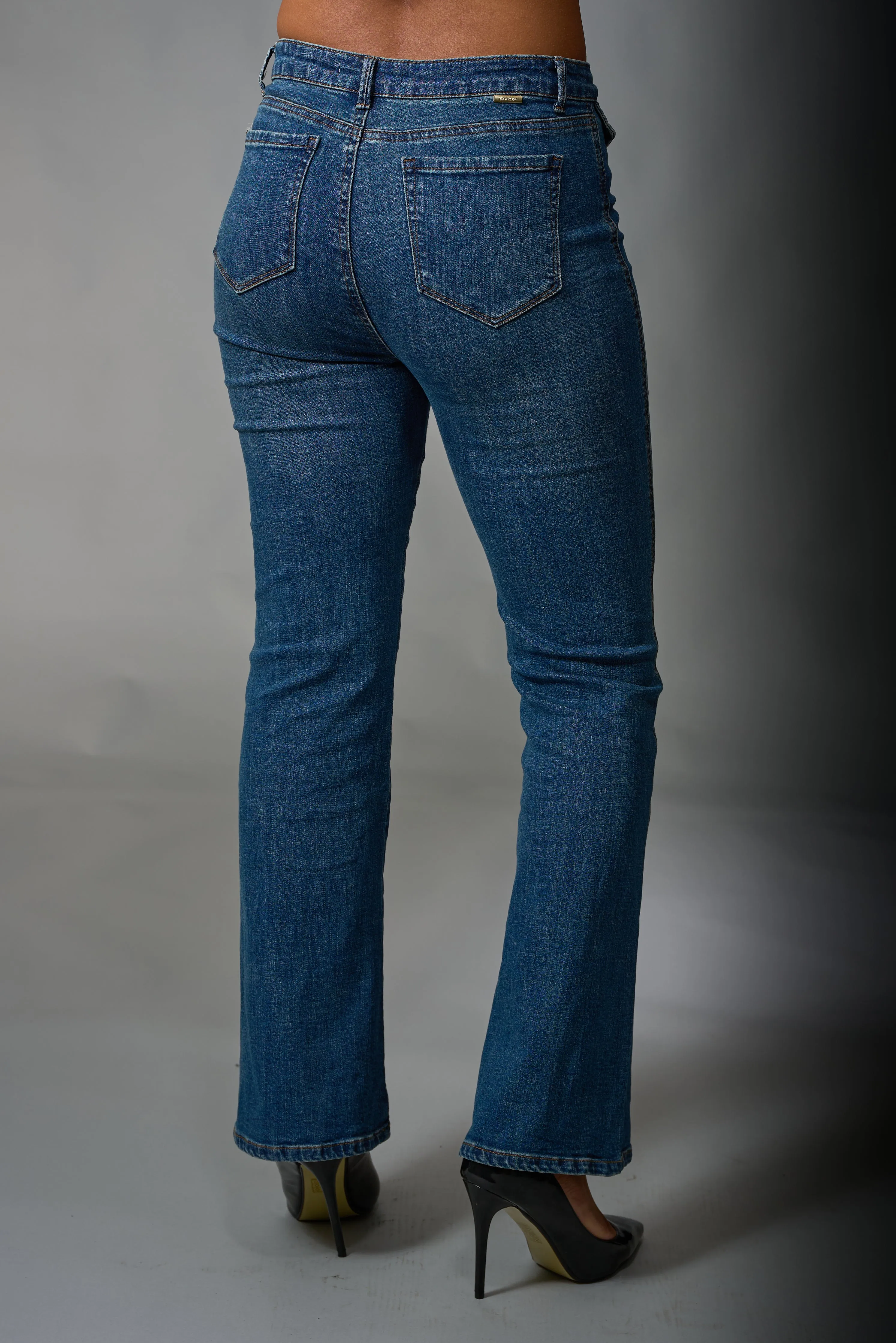 Tractr, Denim, High Rise Button Pocket Slim Bootcut Jeans in medium indigo wash