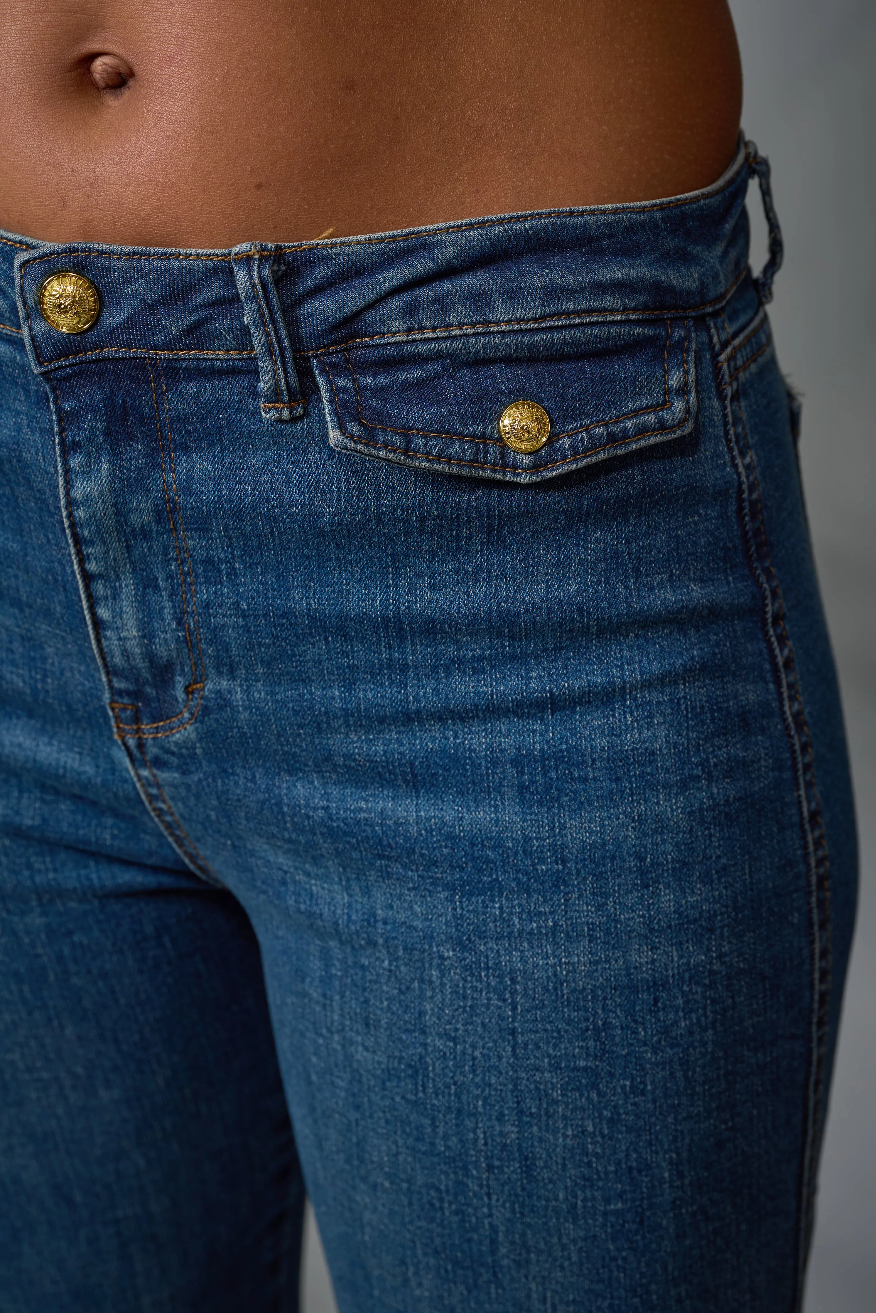 Tractr, Denim, High Rise Button Pocket Slim Bootcut Jeans in medium indigo wash