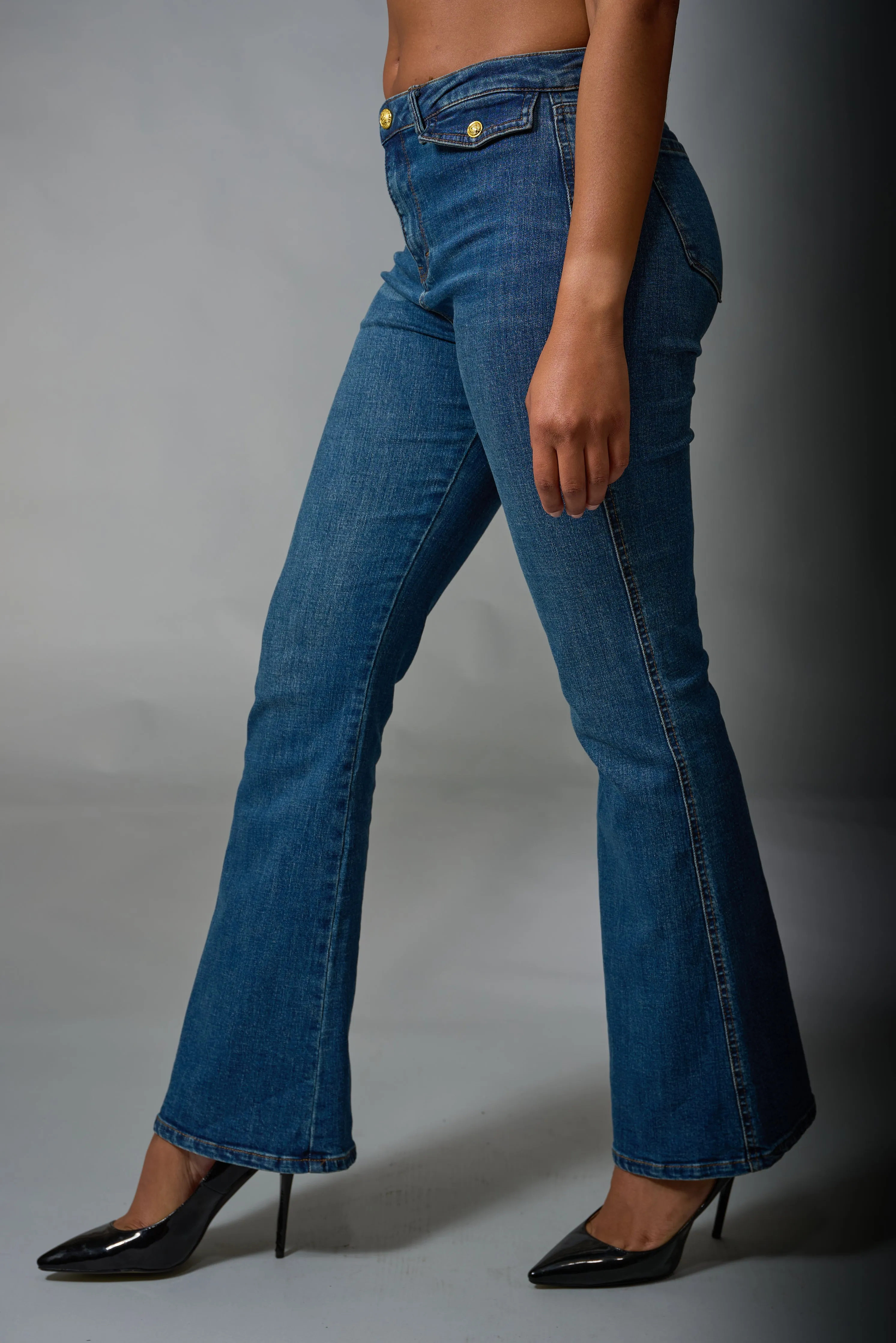 Tractr, Denim, High Rise Button Pocket Slim Bootcut Jeans in medium indigo wash