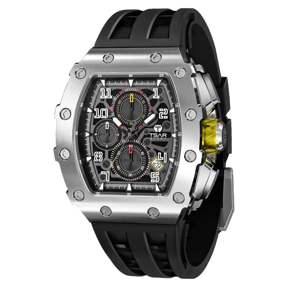 TSAR BOMBA Watch Men Luxury Brand Tonneau Design Waterproof Clock Stainless Steel Wristwatch Sport Chronograph Square Mens Watch