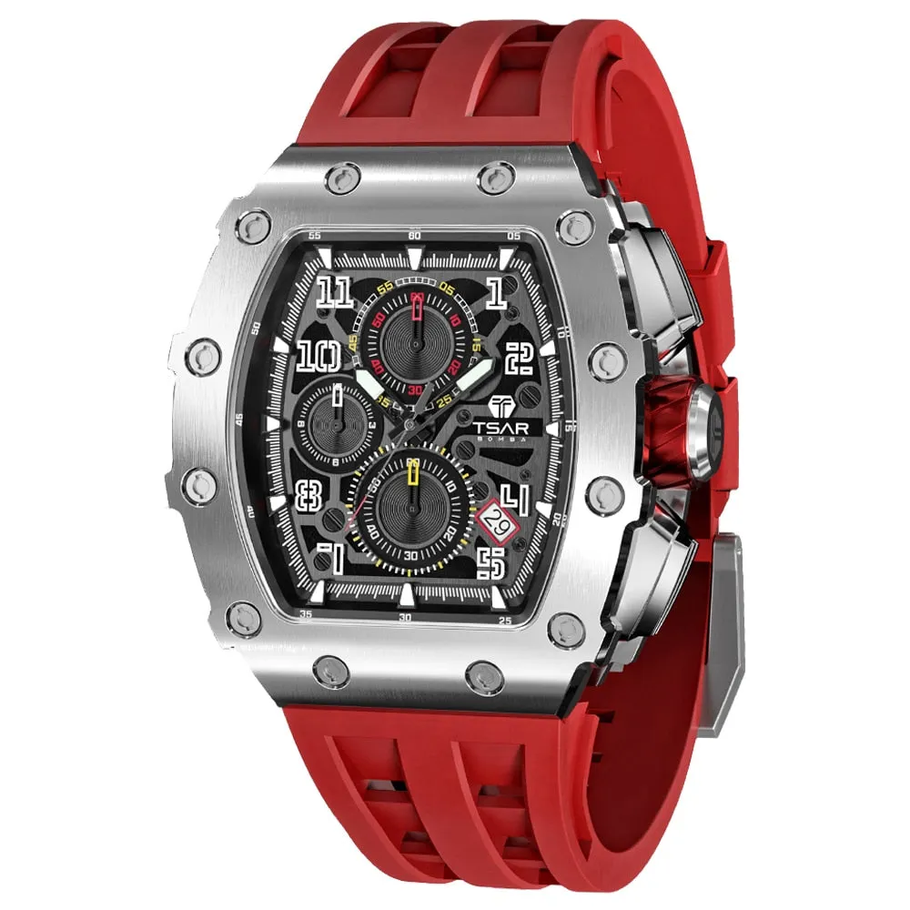 TSAR BOMBA Watch Men Luxury Brand Tonneau Design Waterproof Clock Stainless Steel Wristwatch Sport Chronograph Square Mens Watch