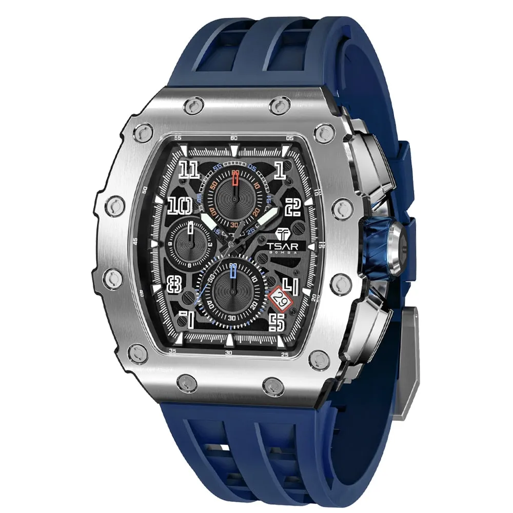 TSAR BOMBA Watch Men Luxury Brand Tonneau Design Waterproof Clock Stainless Steel Wristwatch Sport Chronograph Square Mens Watch