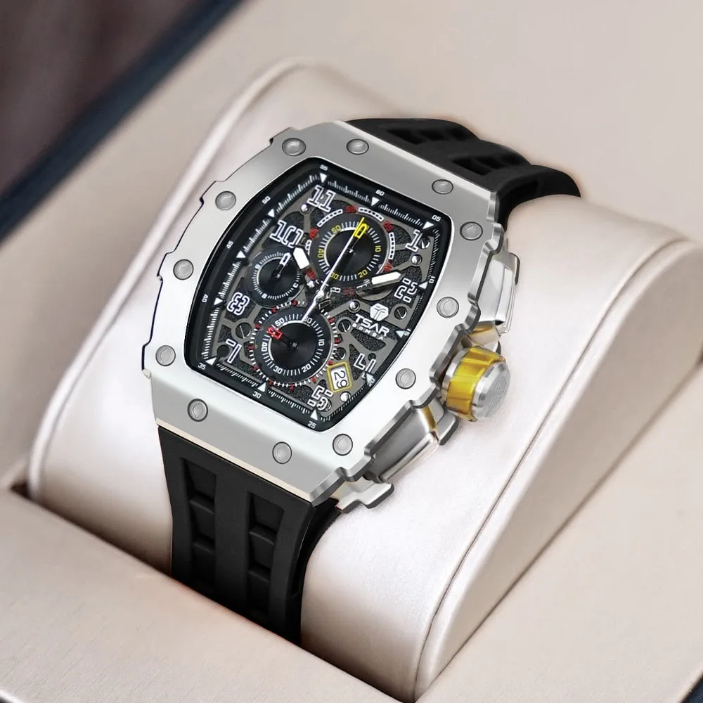 TSAR BOMBA Watch Men Luxury Brand Tonneau Design Waterproof Clock Stainless Steel Wristwatch Sport Chronograph Square Mens Watch