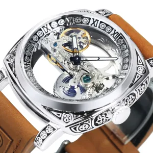 Vintage Square Skeleton Automatic Mechanical Watch TM 403 Engraved Case Golden Bridge Watches Genuine Leather Strap