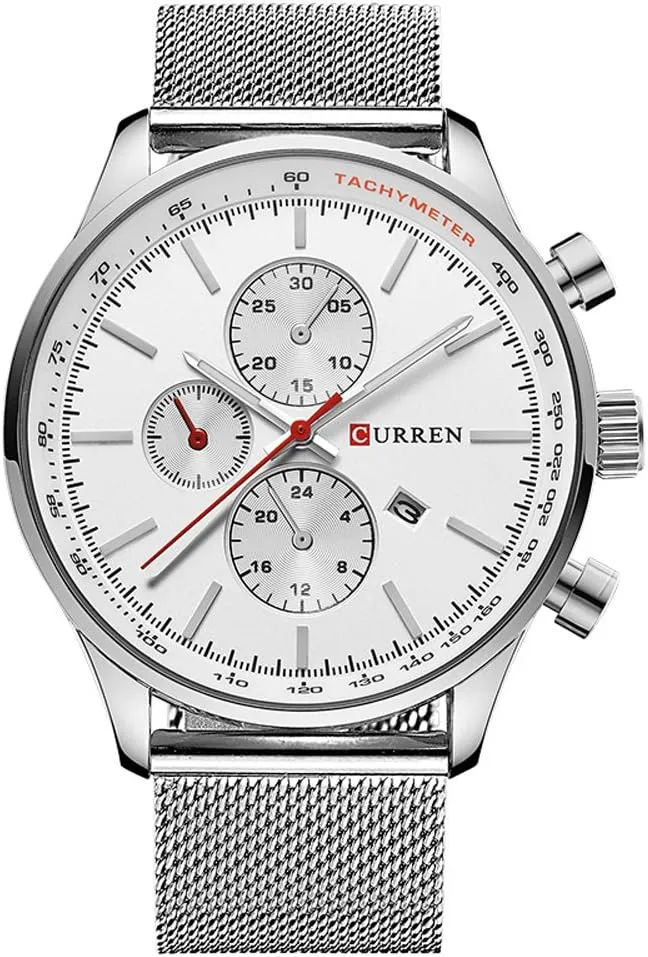 Watches Mens Brand Luxury Stainless Steel Quartz Watch Men Casual Waterproof Clock Men Sport Wristwatch (Silver white)