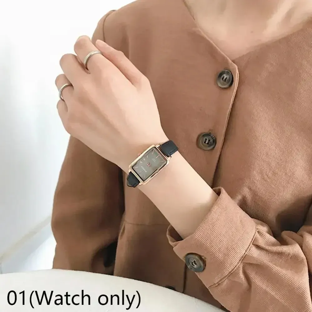 Women's Watches Casual Retro Luxury Fashion Retro Simple Chic Quartz Wristwatches Leather Strap Rectangle Watch Reloj Mujer