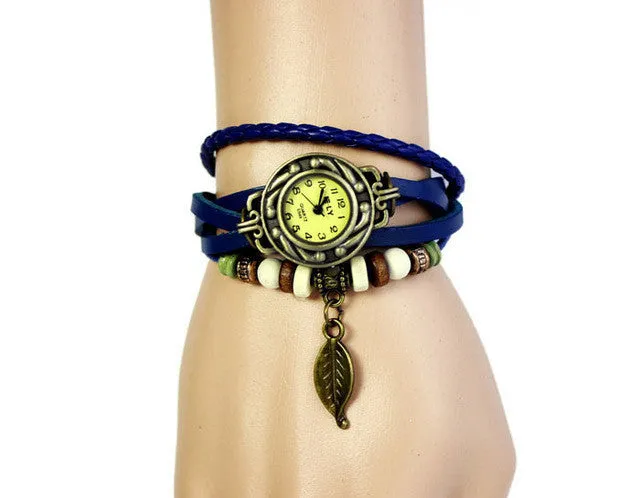 XINIU multi layer quartz Women's Bracelet Watches unique Weave Wrap Leather Leaf Beads pendant Wrist Watches relogios femininos0