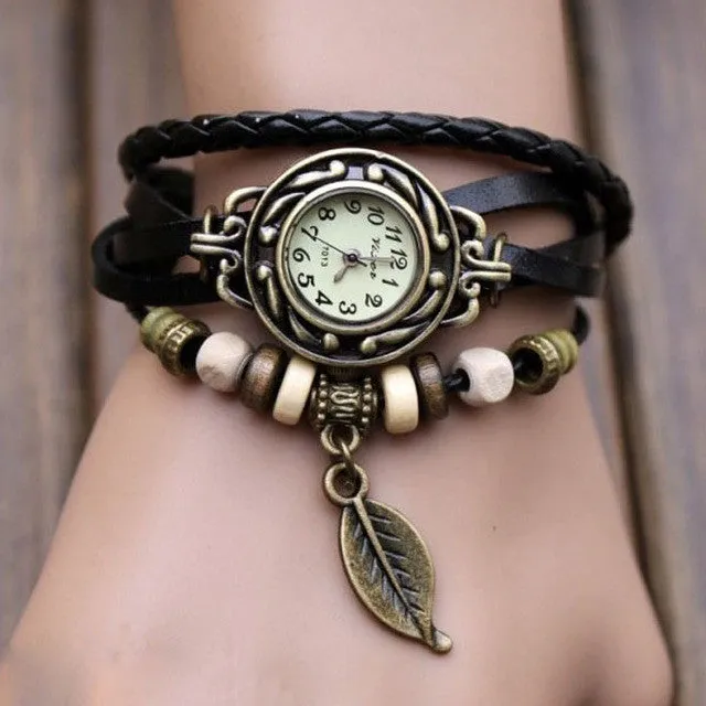 XINIU multi layer quartz Women's Bracelet Watches unique Weave Wrap Leather Leaf Beads pendant Wrist Watches relogios femininos0