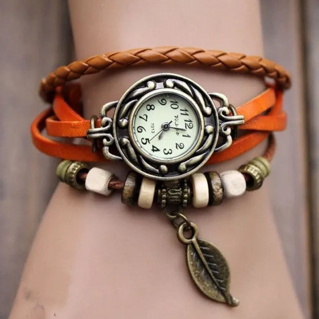XINIU multi layer quartz Women's Bracelet Watches unique Weave Wrap Leather Leaf Beads pendant Wrist Watches relogios femininos0