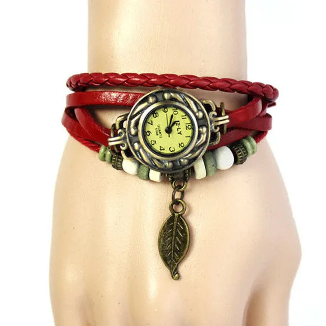 XINIU multi layer quartz Women's Bracelet Watches unique Weave Wrap Leather Leaf Beads pendant Wrist Watches relogios femininos0