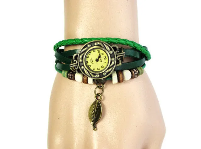 XINIU multi layer quartz Women's Bracelet Watches unique Weave Wrap Leather Leaf Beads pendant Wrist Watches relogios femininos0