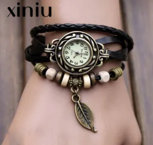 XINIU multi layer quartz Women's Bracelet Watches unique Weave Wrap Leather Leaf Beads pendant Wrist Watches relogios femininos0